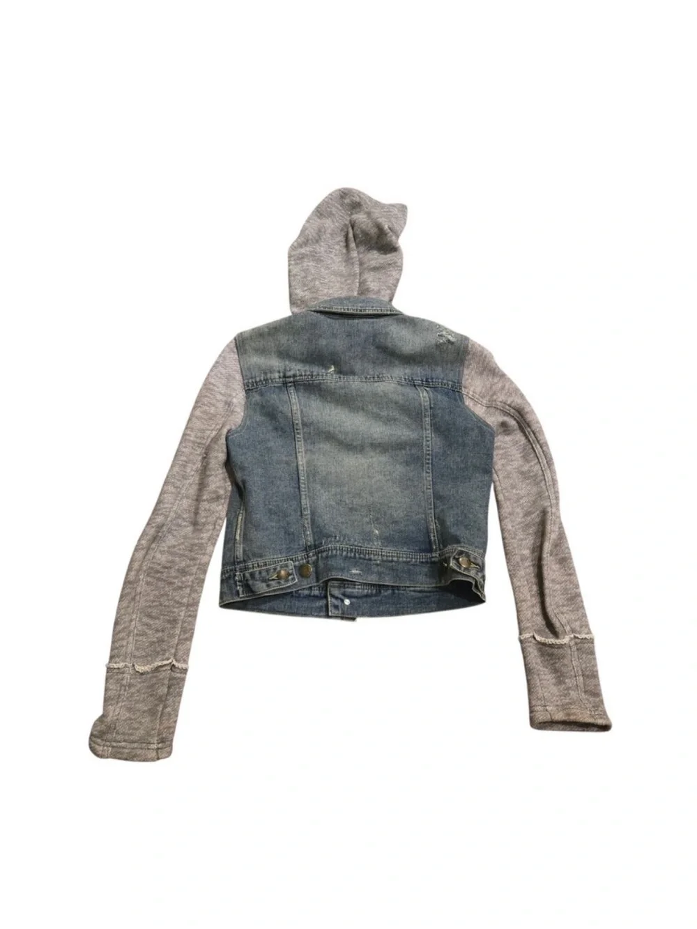 Free People | Distressed Knit Sleeve Denim Jacket S Grunge Hooded Streetwear - Picture 3 of 14